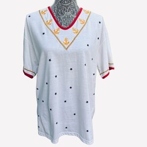 Vintage Karen Scott Women’s M Embroidered V Neck Nautical Top, Anchor Top